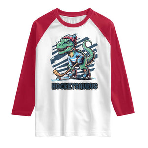 Funny Dinosaur Playing Ice Hockey Raglan Shirt Hockeysaurus Gift For Kids TS12 White Red Print Your Wear
