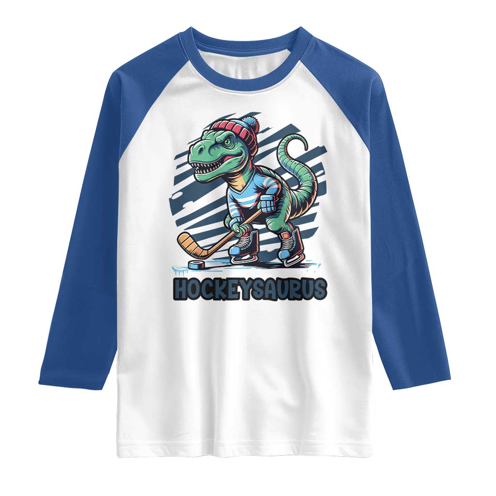 Funny Dinosaur Playing Ice Hockey Raglan Shirt Hockeysaurus Gift For Kids TS12 White Royal Print Your Wear