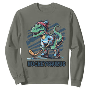 Funny Dinosaur Playing Ice Hockey Sweatshirt Hockeysaurus Gift For Kids TS12 Military Green Print Your Wear
