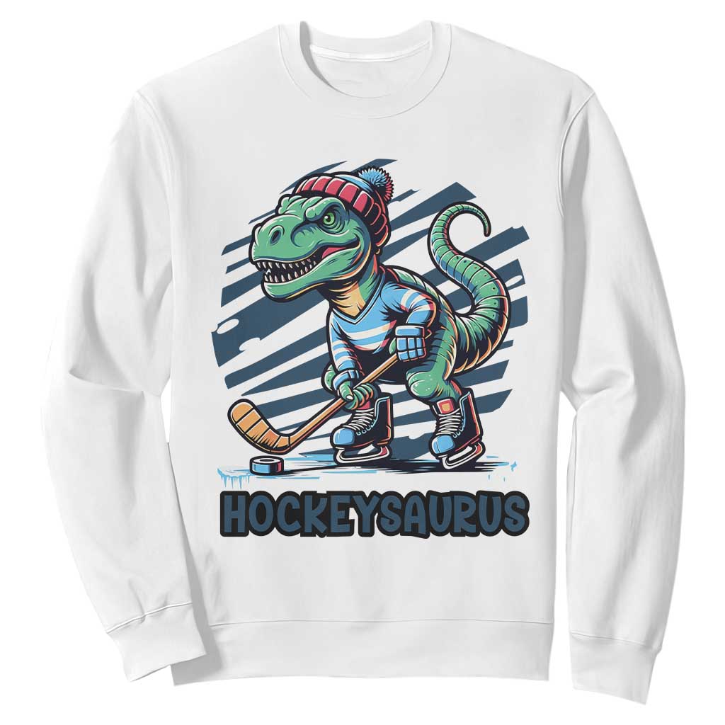 Funny Dinosaur Playing Ice Hockey Sweatshirt Hockeysaurus Gift For Kids TS12 White Print Your Wear