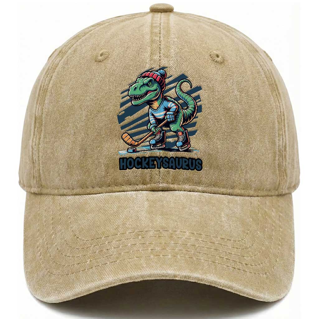 Funny Dinosaur Playing Ice Hockey Washed Cotton Baseball Cap Hockeysaurus Gift For Kids TS12 Print Your Wear