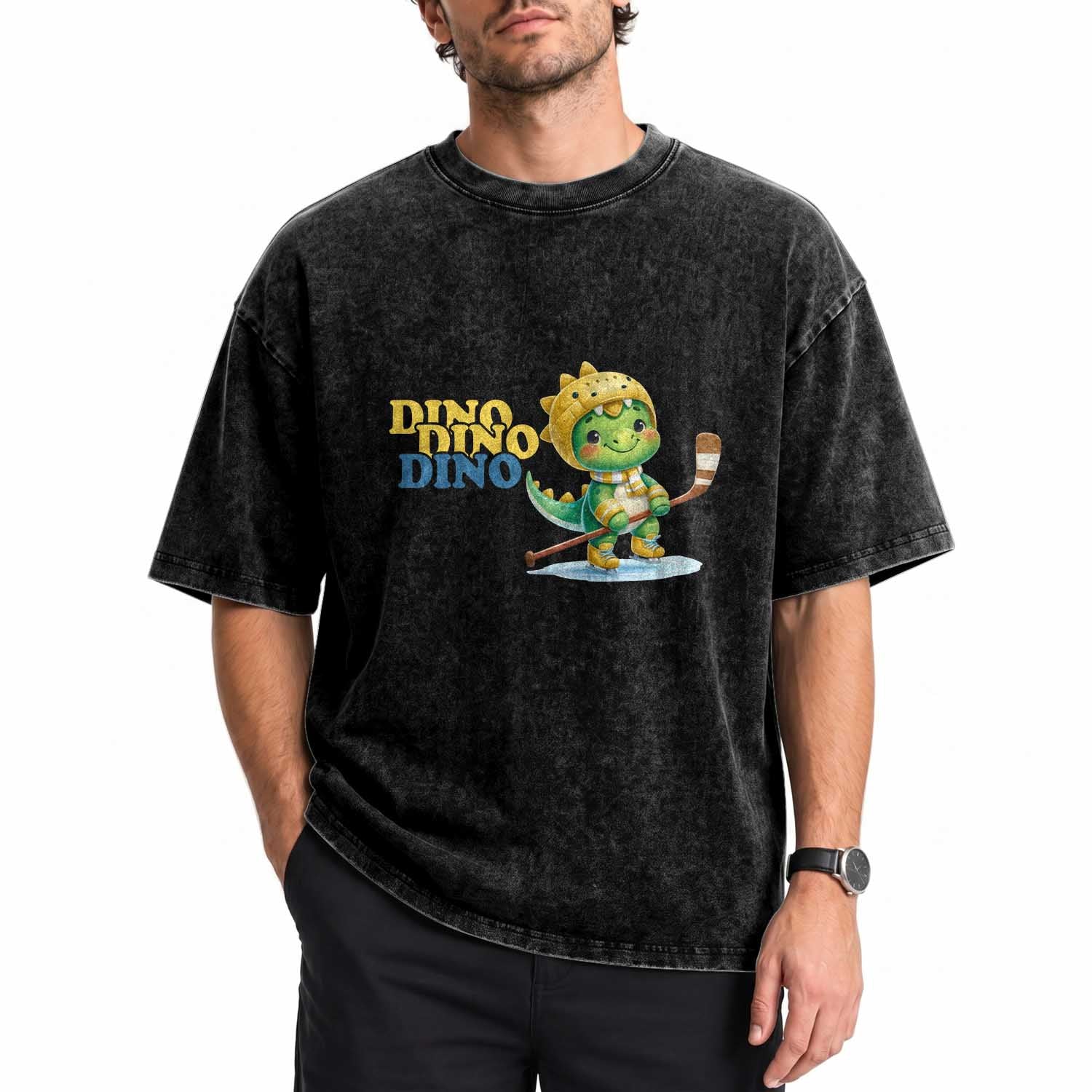 Funny Dinosaur Playing Ice Hockey Washed Cotton T-Shirt Gift For Dino Lovers