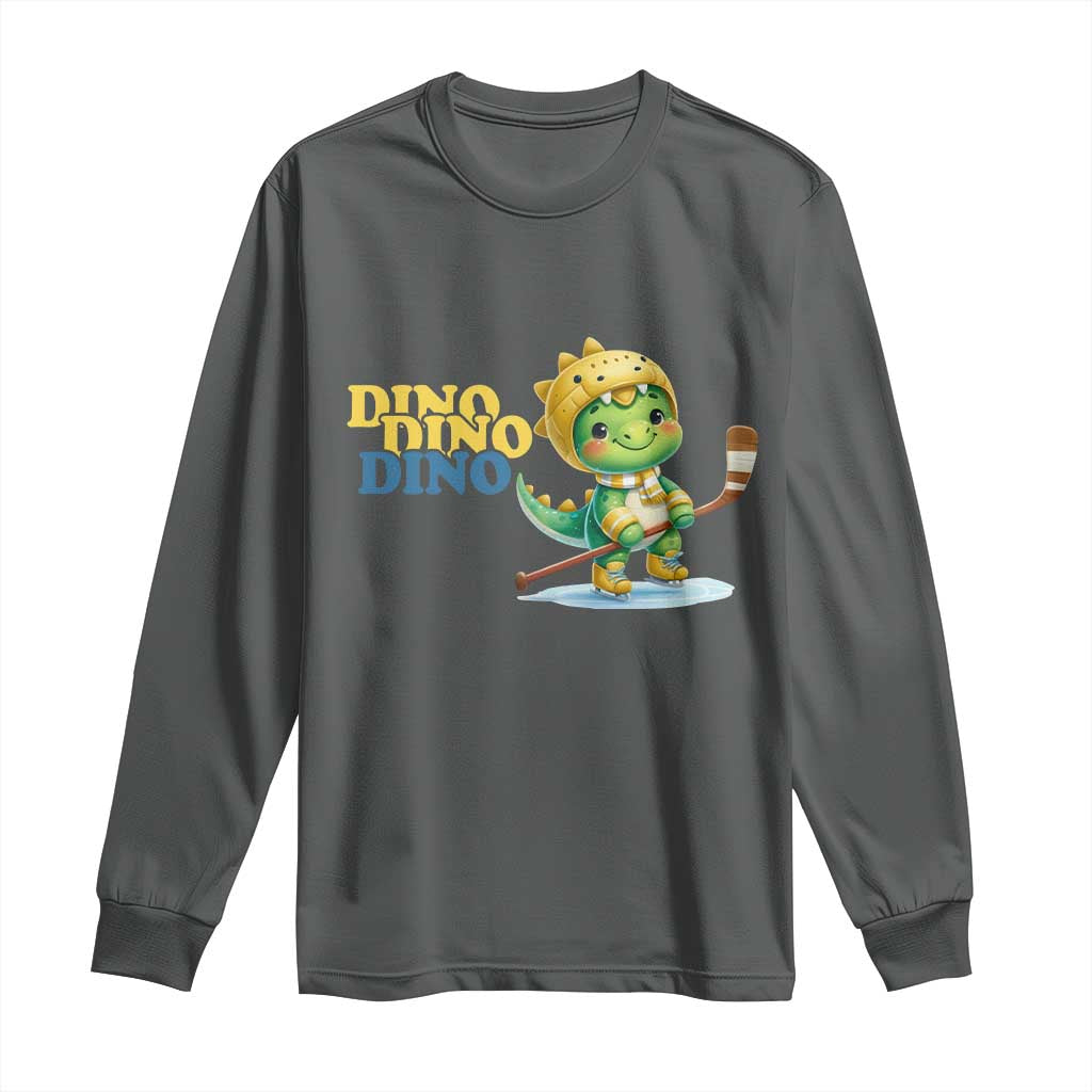 Funny Dinosaur Playing Ice Hockey Long Sleeve Shirt Gift For Dino Lovers TS12 Dark Heather Print Your Wear