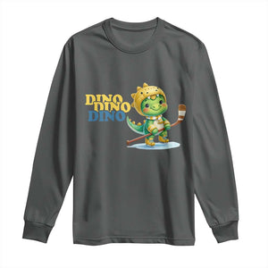 Funny Dinosaur Playing Ice Hockey Long Sleeve Shirt Gift For Dino Lovers TS12 Dark Heather Print Your Wear