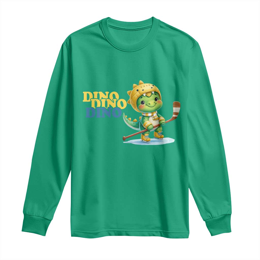 Funny Dinosaur Playing Ice Hockey Long Sleeve Shirt Gift For Dino Lovers TS12 Irish Green Print Your Wear