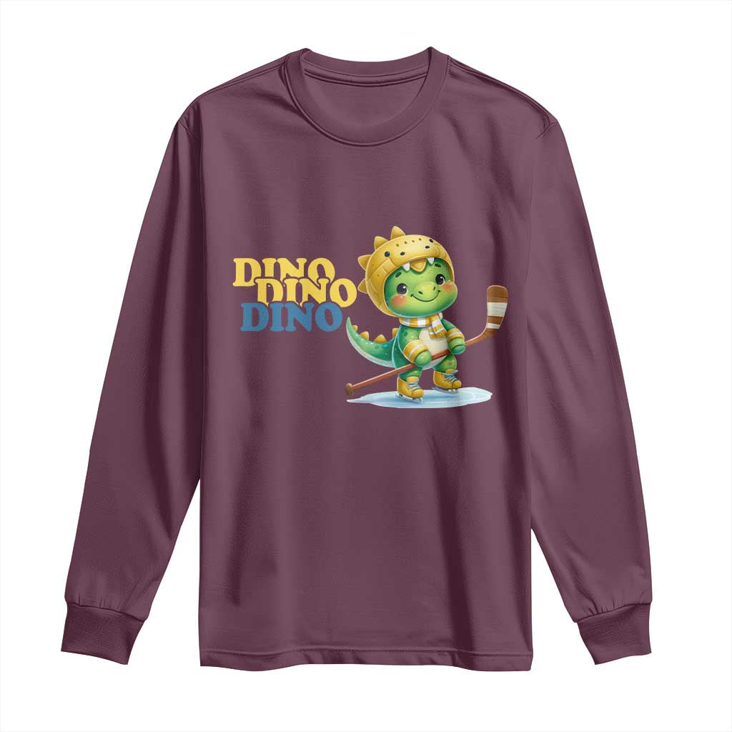 Funny Dinosaur Playing Ice Hockey Long Sleeve Shirt Gift For Dino Lovers TS12 Maroon Print Your Wear