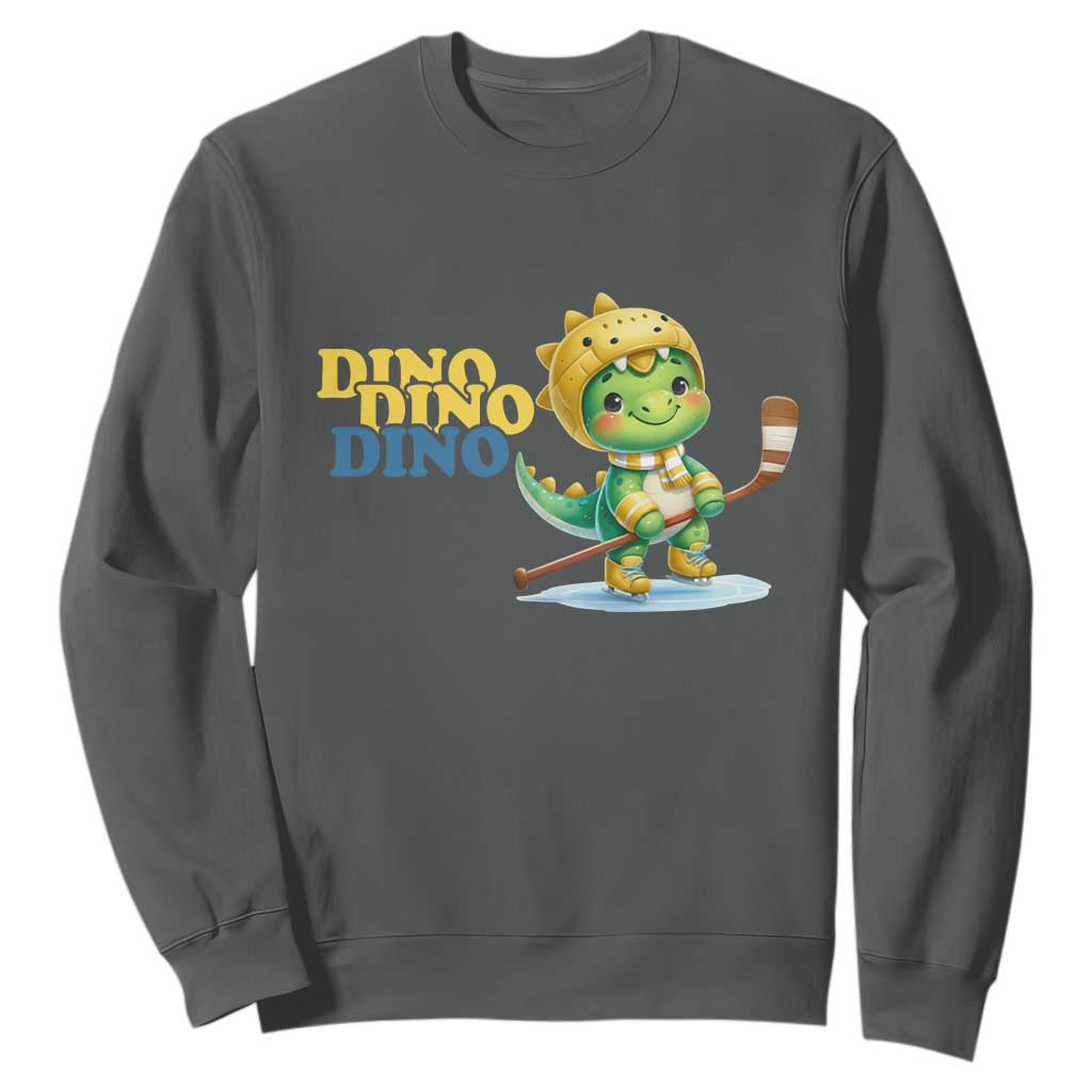 Funny Dinosaur Playing Ice Hockey Sweatshirt Gift For Dino Lovers TS12 Dark Heather Print Your Wear