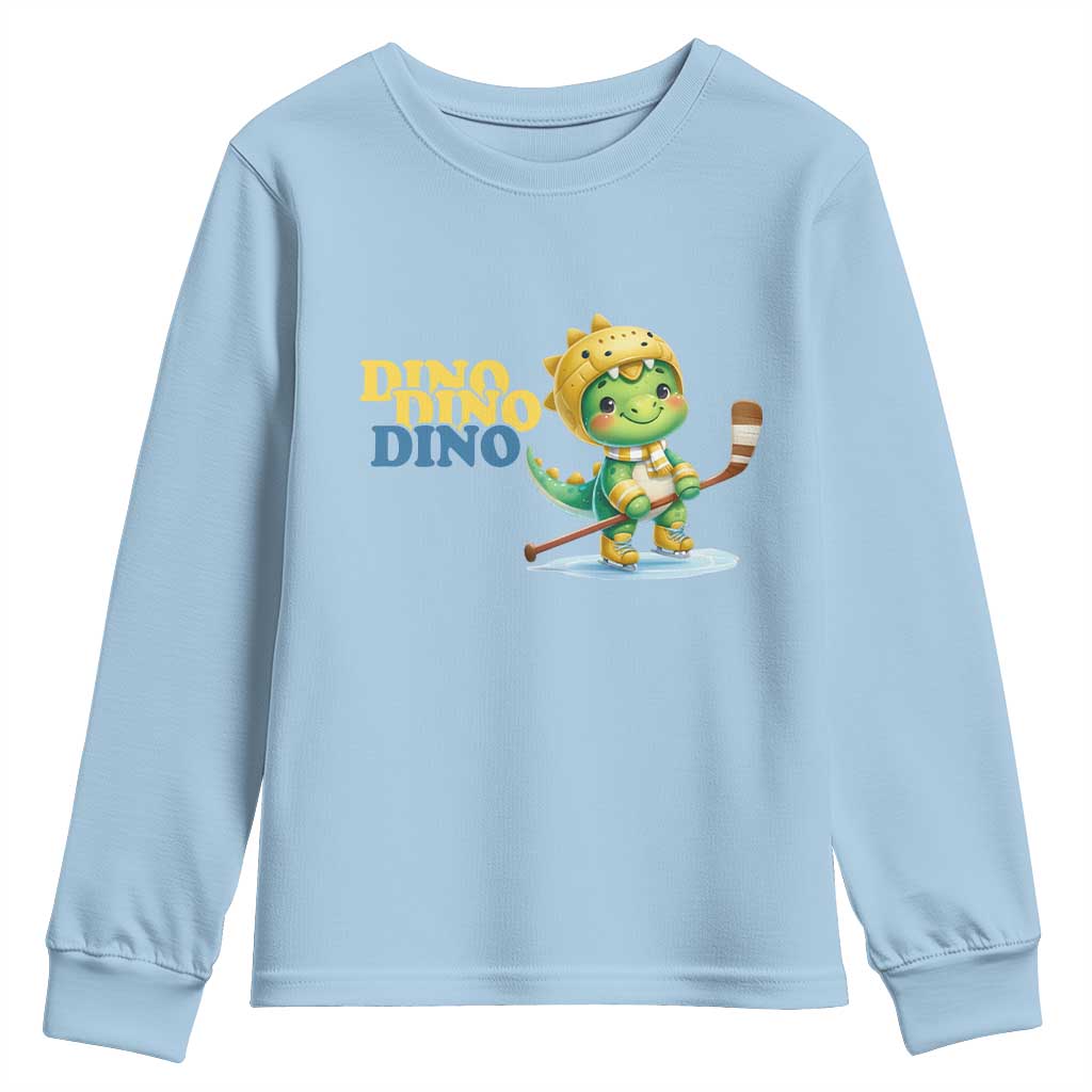 Funny Dinosaur Playing Ice Hockey Youth Sweatshirt Gift For Dino Lovers TS12 Light Blue Print Your Wear