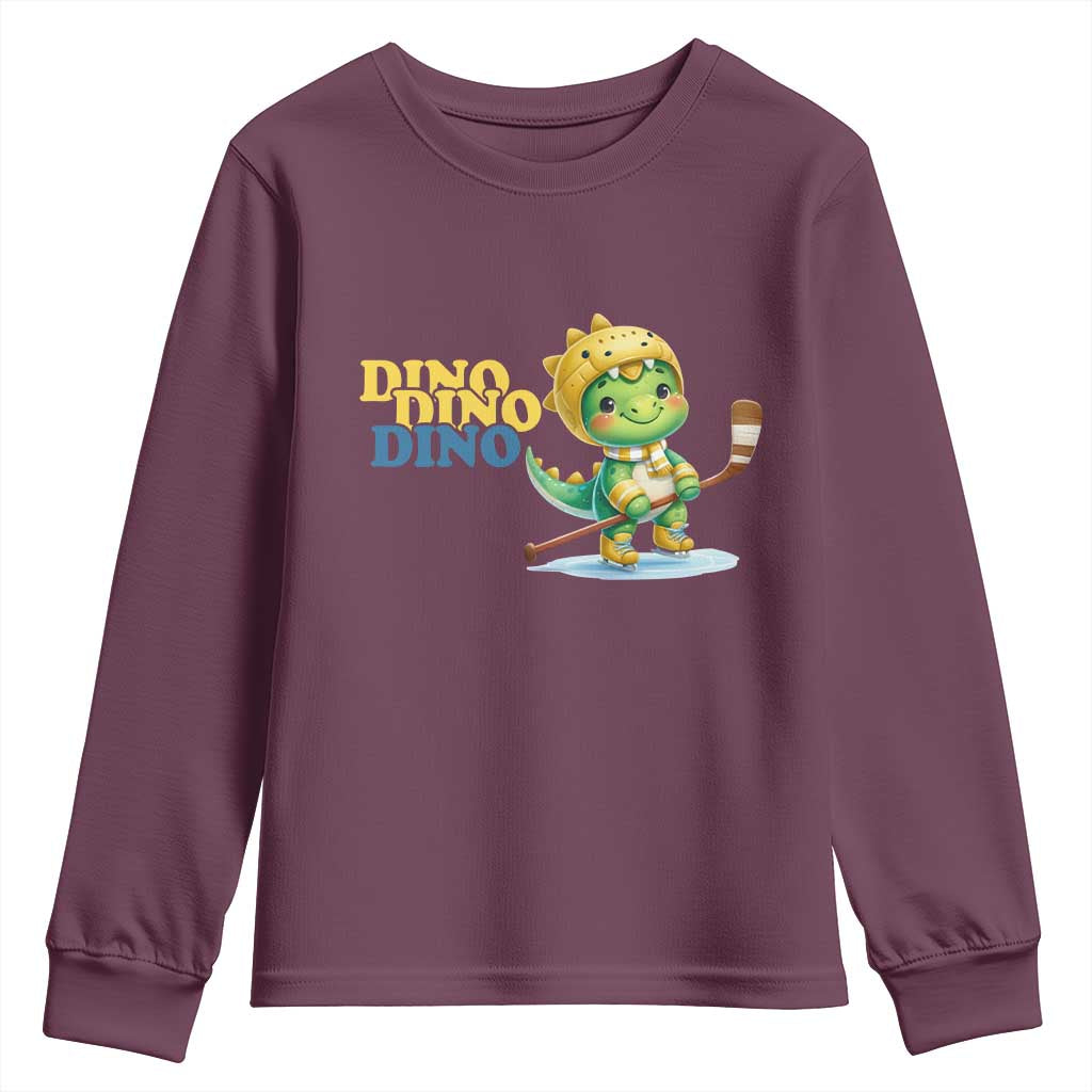Funny Dinosaur Playing Ice Hockey Youth Sweatshirt Gift For Dino Lovers TS12 Maroon Print Your Wear