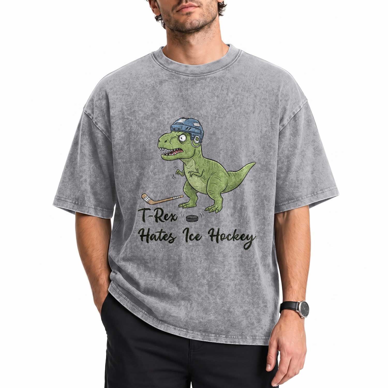 Dino Hates Ice Hockey Washed Cotton T-Shirt Funny Ice Sports Dinosaur Gift