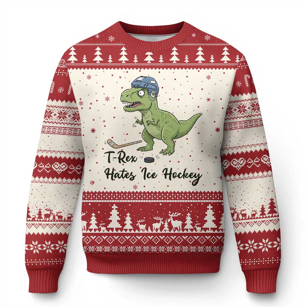 Dino Hates Ice Hockey Ugly Christmas Sweater Funny Ice Sports Dinosaur Gift TS12 Beige Red Print Your Wear
