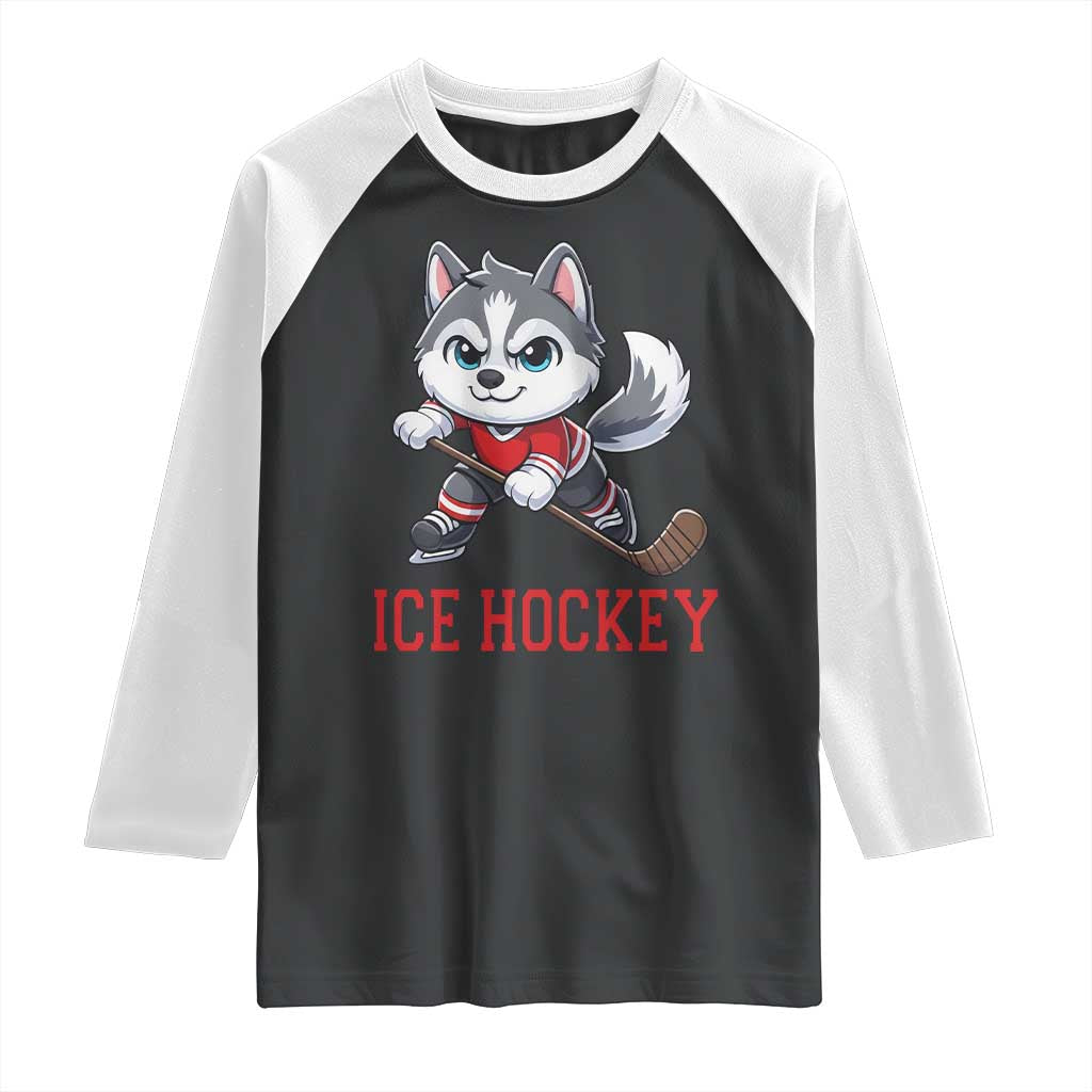 Funny Husky Playing Ice Hockey Raglan Shirt Gift For Dog Lovers TS12 Black White Print Your Wear