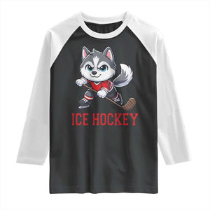 Funny Husky Playing Ice Hockey Raglan Shirt Gift For Dog Lovers TS12 Black White Print Your Wear
