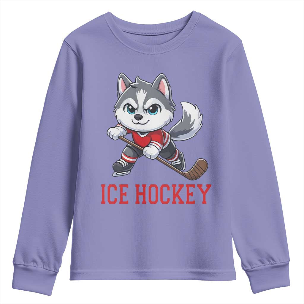 Funny Husky Playing Ice Hockey Youth Sweatshirt Gift For Dog Lovers TS12 Violet Print Your Wear