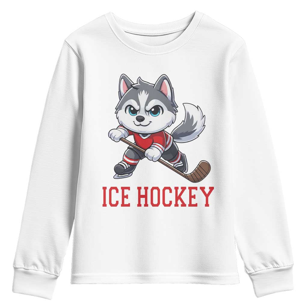 Funny Husky Playing Ice Hockey Youth Sweatshirt Gift For Dog Lovers TS12 White Print Your Wear