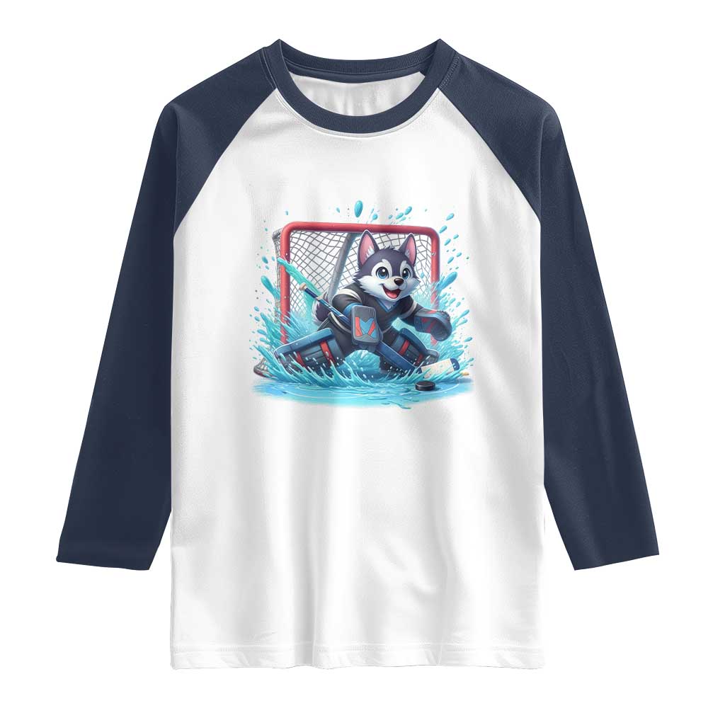 Siberian Husky Ice Hockey Player Raglan Shirt Funny Goalie Gift TS12 White Navy Print Your Wear