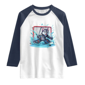 Siberian Husky Ice Hockey Player Raglan Shirt Funny Goalie Gift TS12 White Navy Print Your Wear