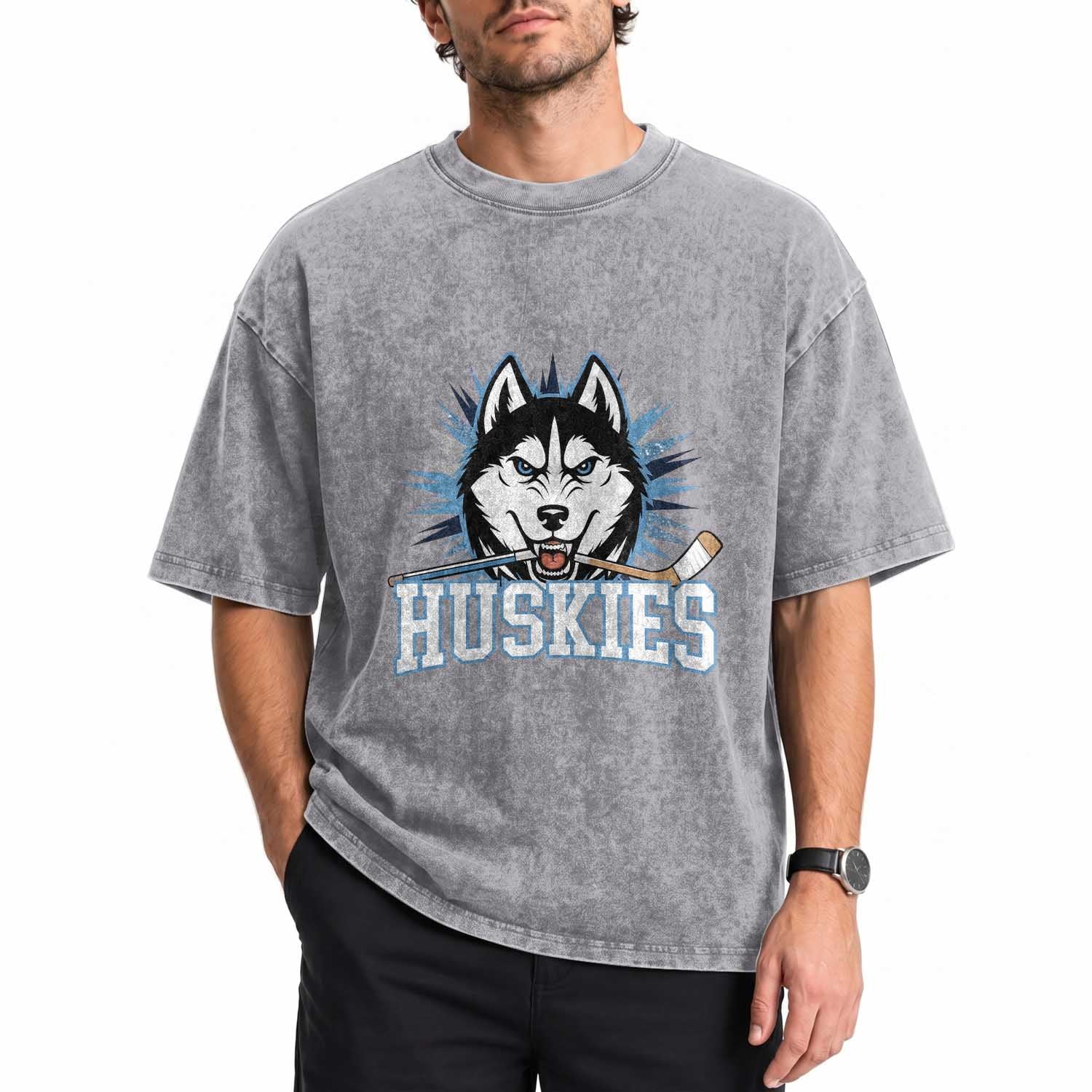 Cool Siberian Husky Ice Hockey Washed Cotton T-Shirt Gift For Dog Lovers