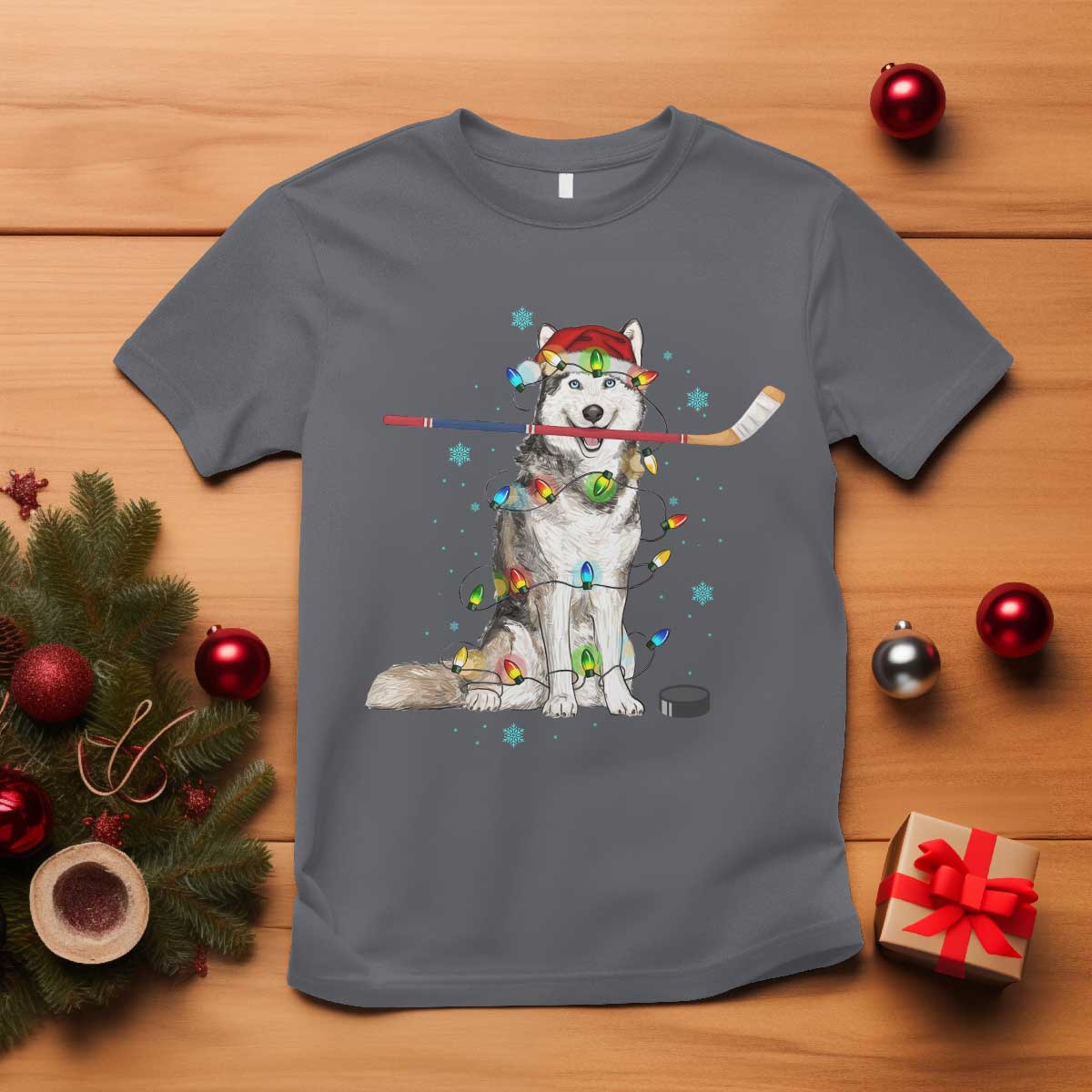 Funny Christmas Husky Ice Hockey Player Holiday Gift T Shirt TS12 Charcoal Print Your Wear