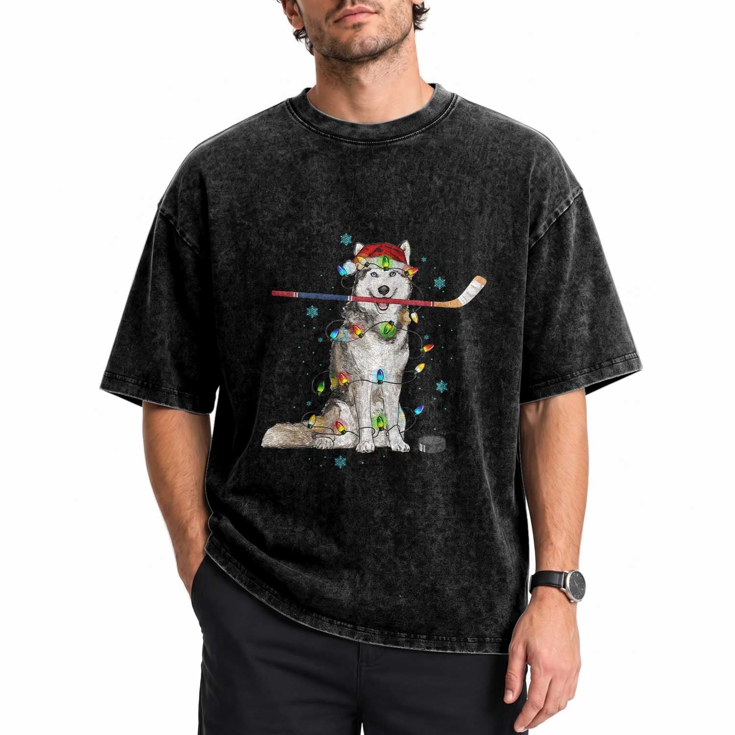 Funny Christmas Husky Ice Hockey Player Holiday Gift Washed Cotton T-Shirt
