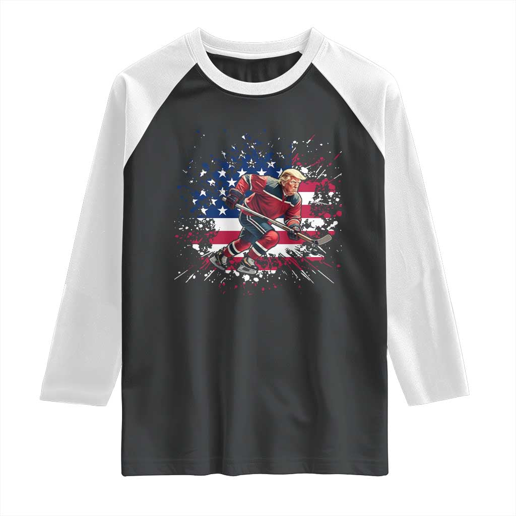 Funny Trump Playing Ice Hockey Raglan Shirt Funny Patriotic Gift TS12 Black White Print Your Wear