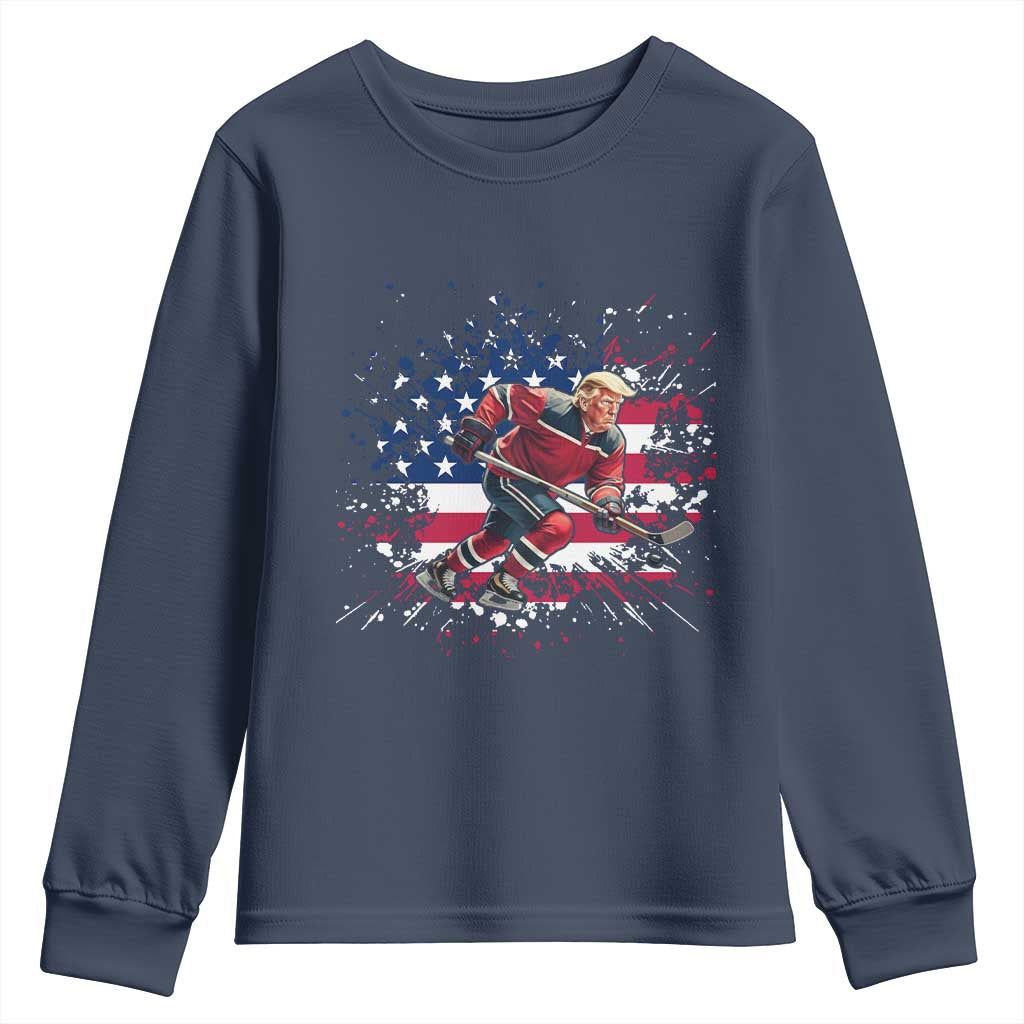 Funny Trump Playing Ice Hockey Youth Sweatshirt Funny Patriotic Gift TS12 Navy Print Your Wear