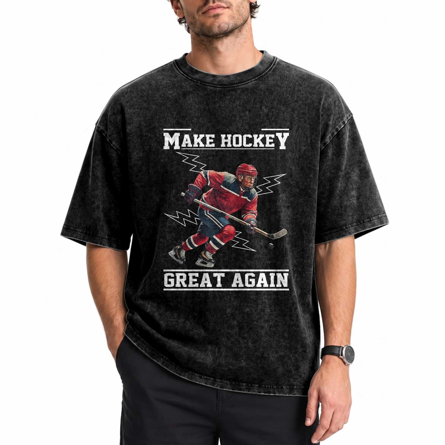 Funny Trump Ice Hockey Player Washed Cotton T-Shirt Make Hockey Great Again
