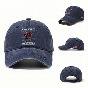 Funny Trump Ice Hockey Player Washed Cotton Baseball Cap Make Hockey Great Again TS12 Washed Cap Universal Fit Navy Print Your Wear