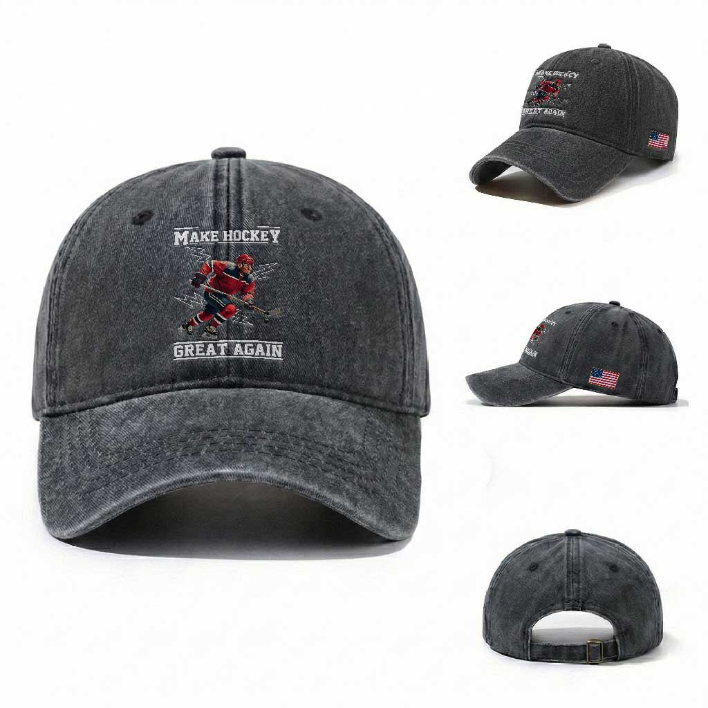 Funny Trump Ice Hockey Player Washed Cotton Baseball Cap Make Hockey Great Again TS12 Washed Cap Universal Fit Dark Gray Print Your Wear