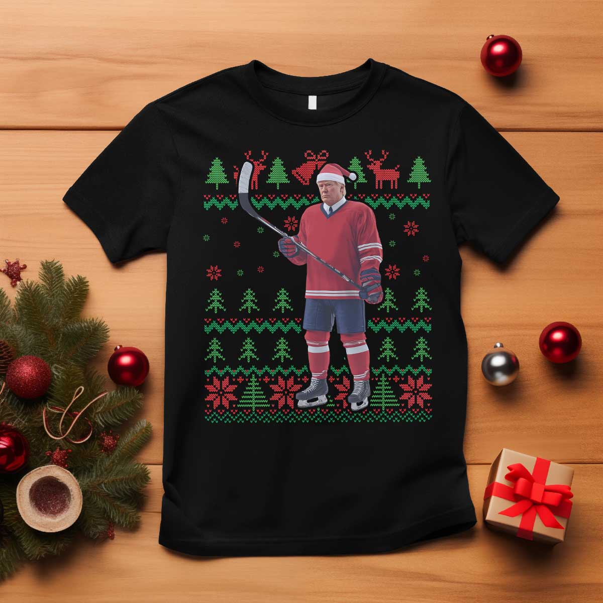 Trump Playing Ice Hockey T Shirt Funny Ugly Christmas Sweater Gift TS12 Black Print Your Wear