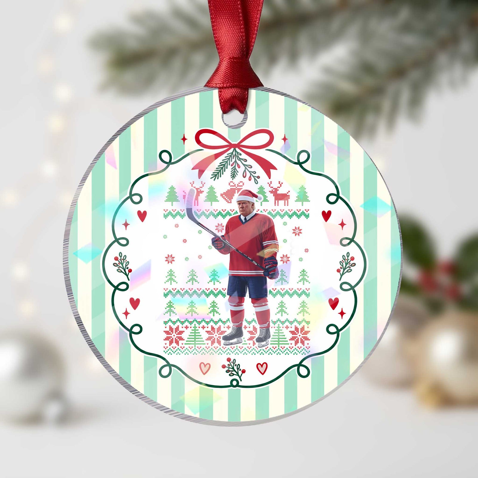 Trump Playing Ice Hockey Holographic Acrylic Ornament Funny Ugly Christmas Sweater Gift