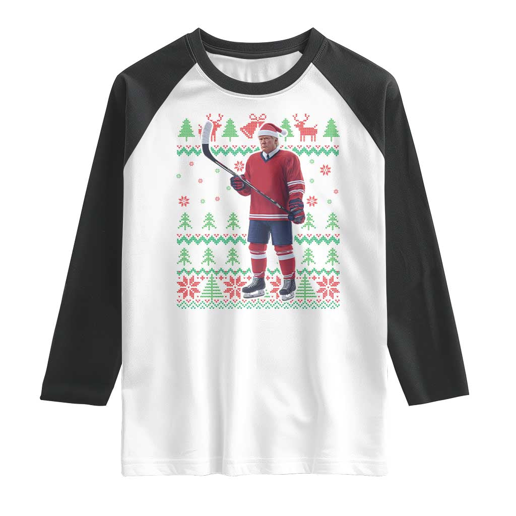Trump Playing Ice Hockey Raglan Shirt Funny Ugly Christmas Sweater Gift TS12 White Black Print Your Wear