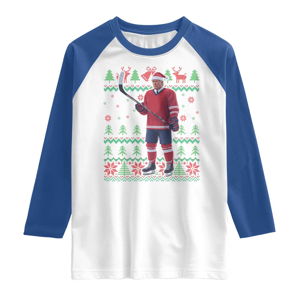 Trump Playing Ice Hockey Raglan Shirt Funny Ugly Christmas Sweater Gift TS12 White Royal Print Your Wear
