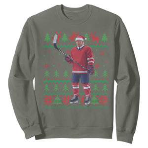 Trump Playing Ice Hockey Sweatshirt Funny Ugly Christmas Sweater Gift TS12 Military Green Print Your Wear