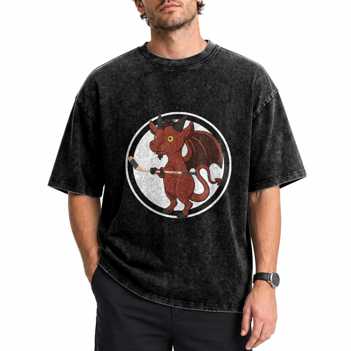 Funny Cryptid Sports Gift Washed Cotton T-Shirt Jersey Devil Playing Ice Hockey