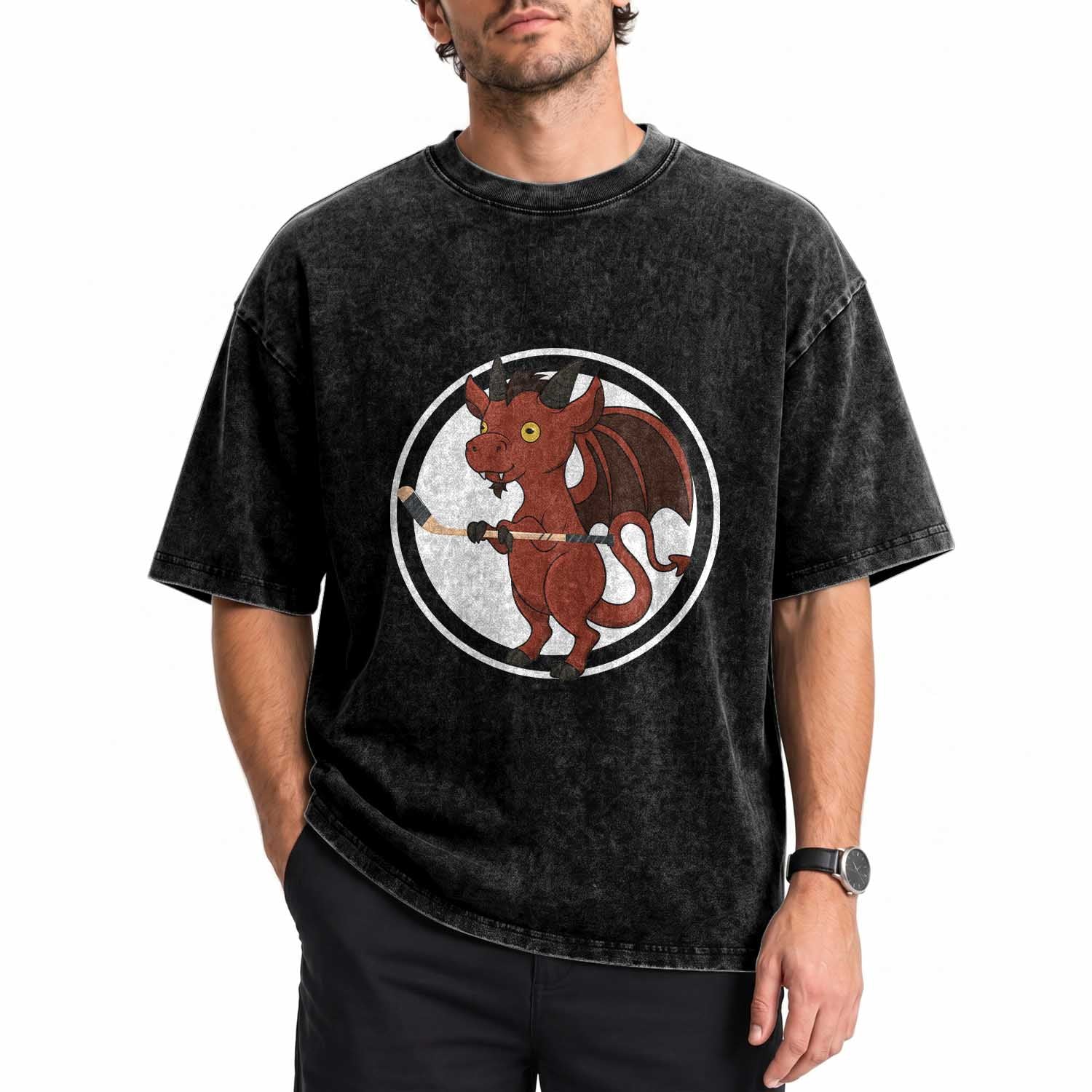 Funny Cryptid Sports Gift Washed Cotton T-Shirt Jersey Devil Playing Ice Hockey