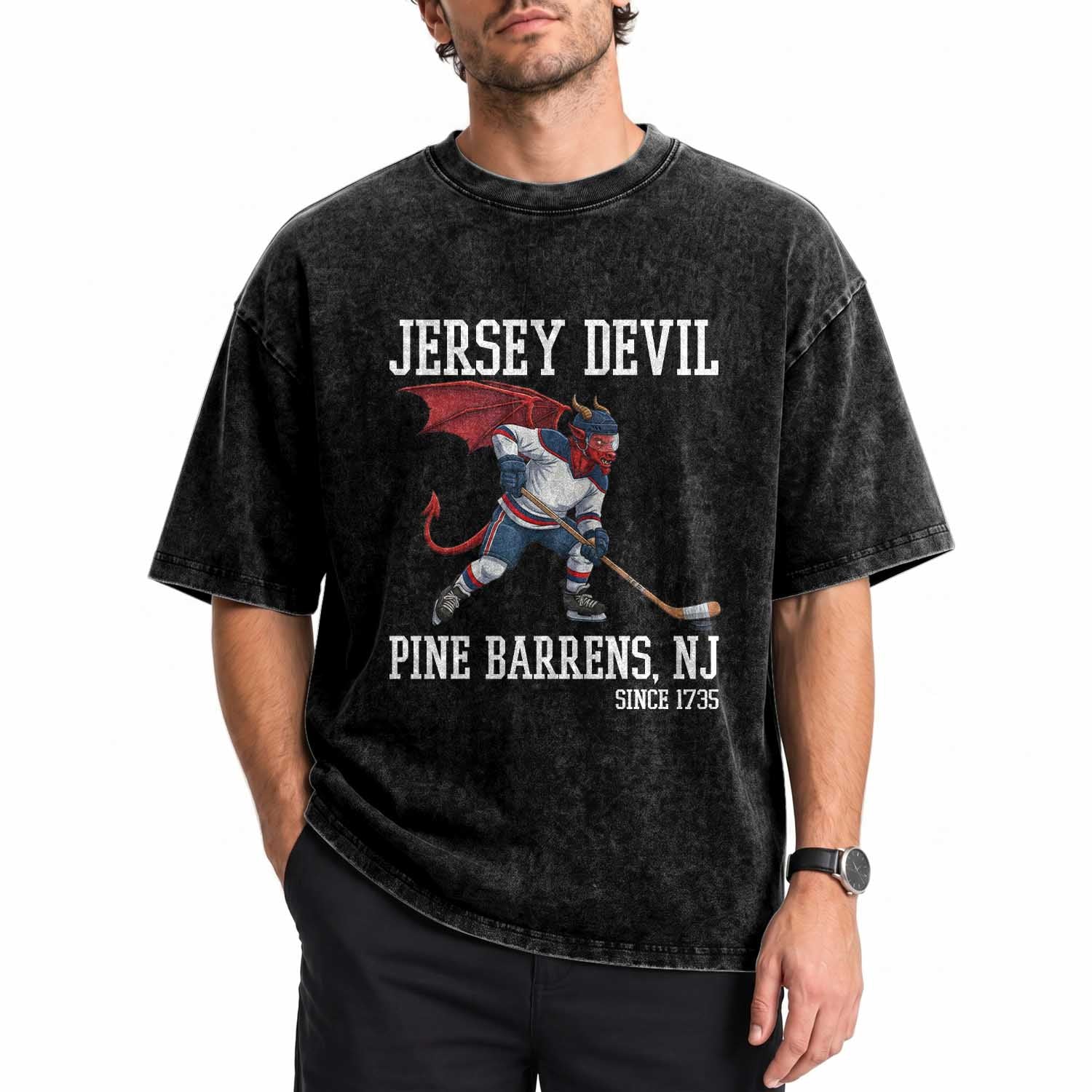 Pine Barrens New Jersey Devil Washed Cotton T-Shirt Gothic Horror Ice Hockey Gift