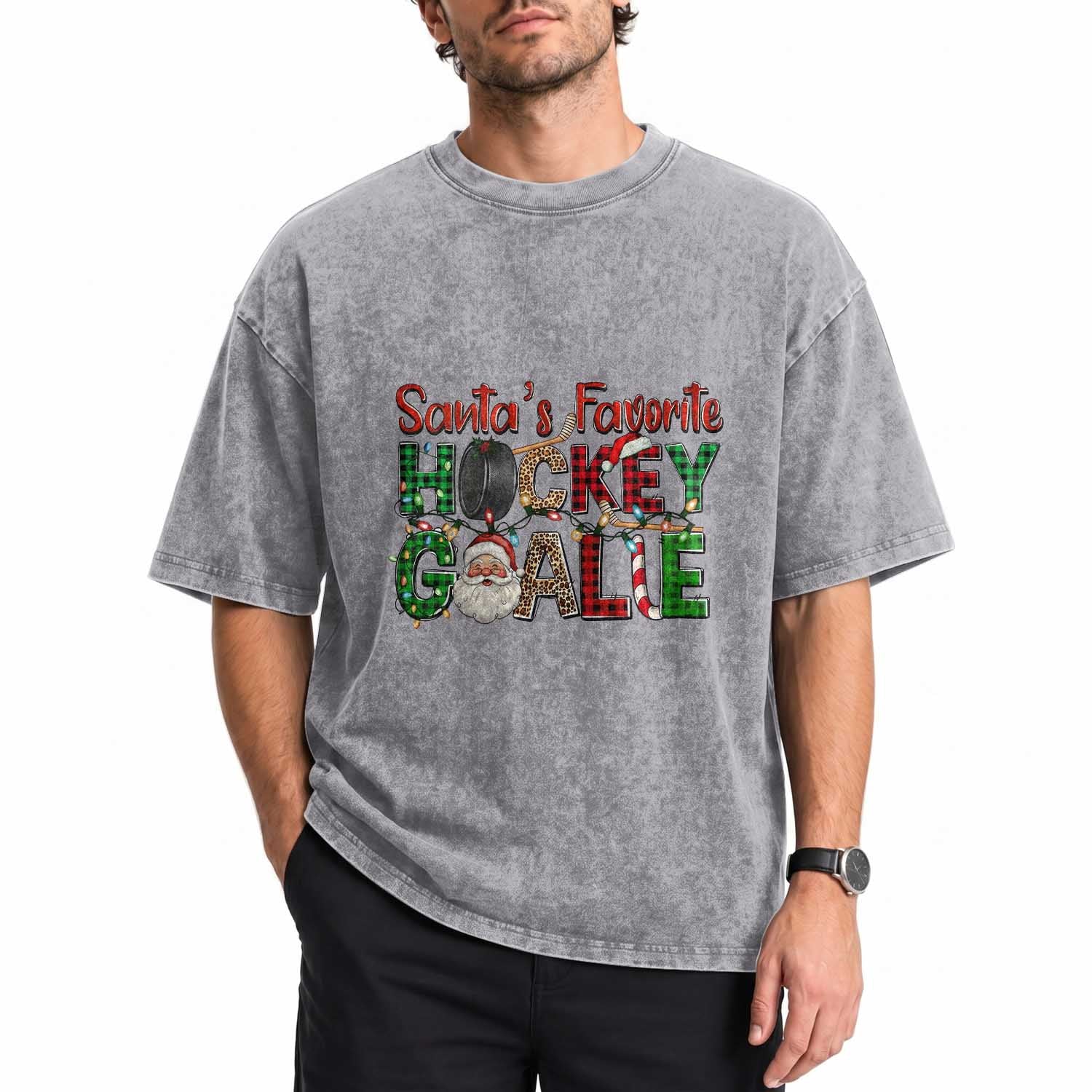 Santa Favorite Hockey Goalie Washed Cotton T-Shirt Funny Christmas Gift