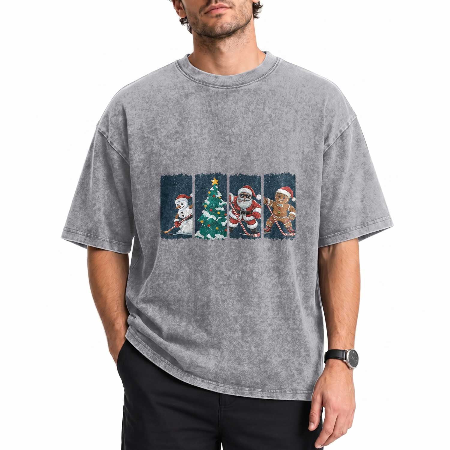 Funny Ice Hockey Christmas Gift Washed Cotton T-Shirt Santa Snowman And Gingerbread Playing Together