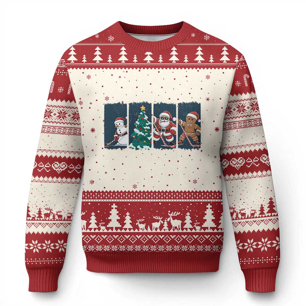 Funny Ice Hockey Xmas Gift Ugly Christmas Sweater Santa Snowman And Gingerbread Playing Together TS12 Beige Red Print Your Wear