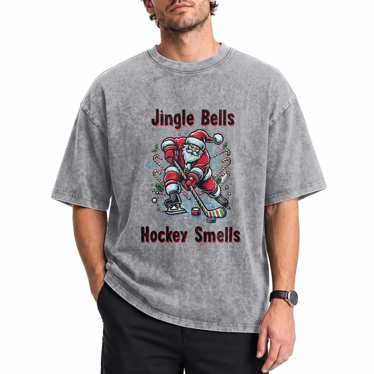 Jingle Bells Hockey Smells Washed Cotton T-Shirt Funny Santa Ice Hockey Christmas Gift