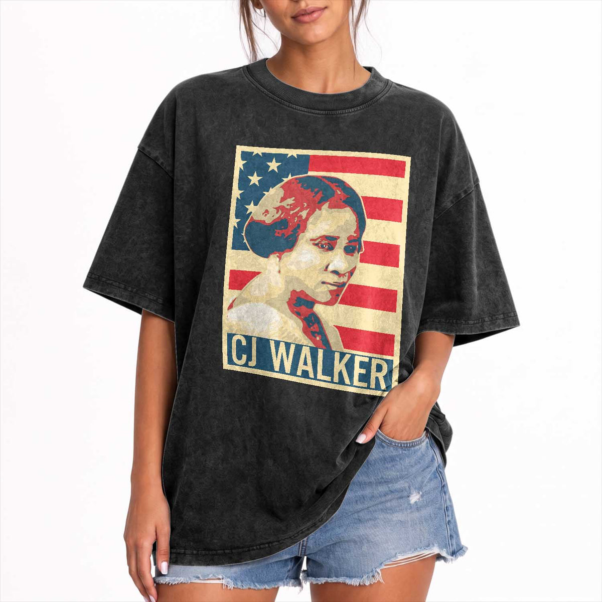 Madam CJ Walker Patriotic Washed Cotton T-Shirt Black History Month Gift