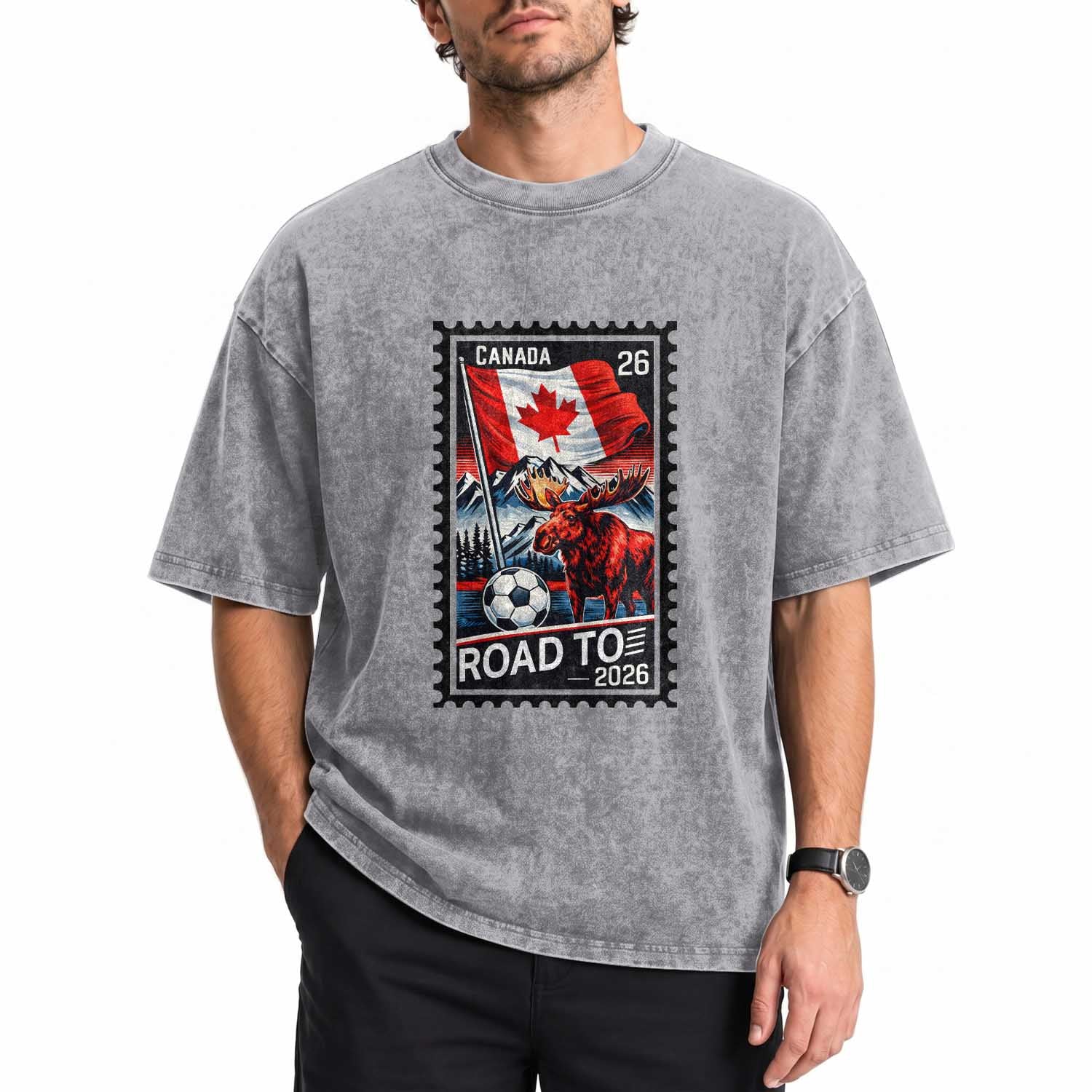 Canada Soccer Moose Washed Cotton T-Shirt Vintage Postal Stamp Road To 2026