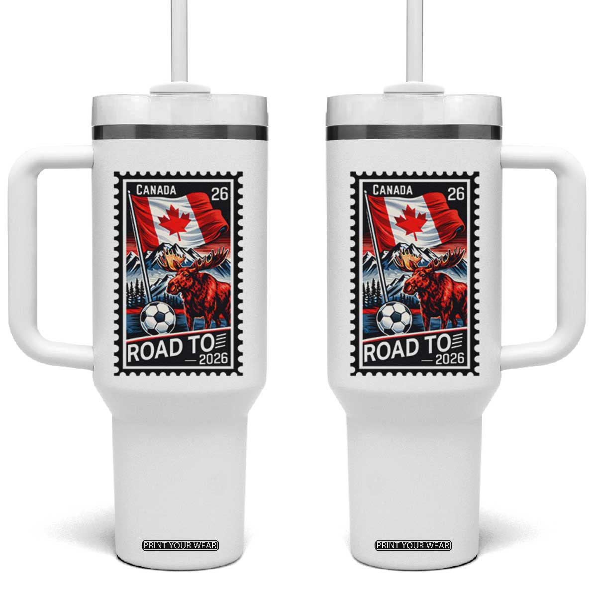 Canada Soccer Moose Tumbler With Handle Vintage Postal Stamp Road To 2026 TS12 One Size: 40 oz White Print Your Wear