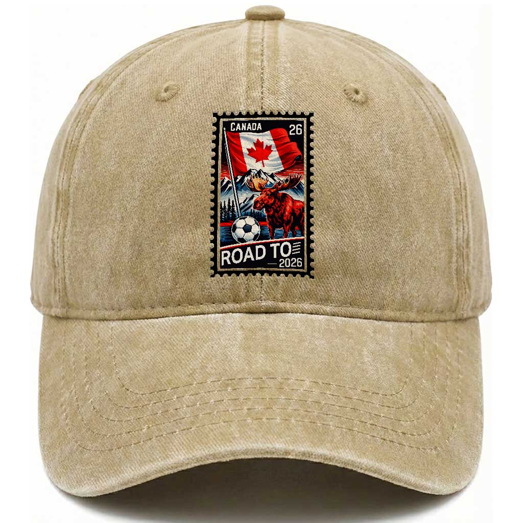 Canada Soccer Moose Washed Cotton Baseball Cap Vintage Postal Stamp Road To 2026 TS12 Print Your Wear
