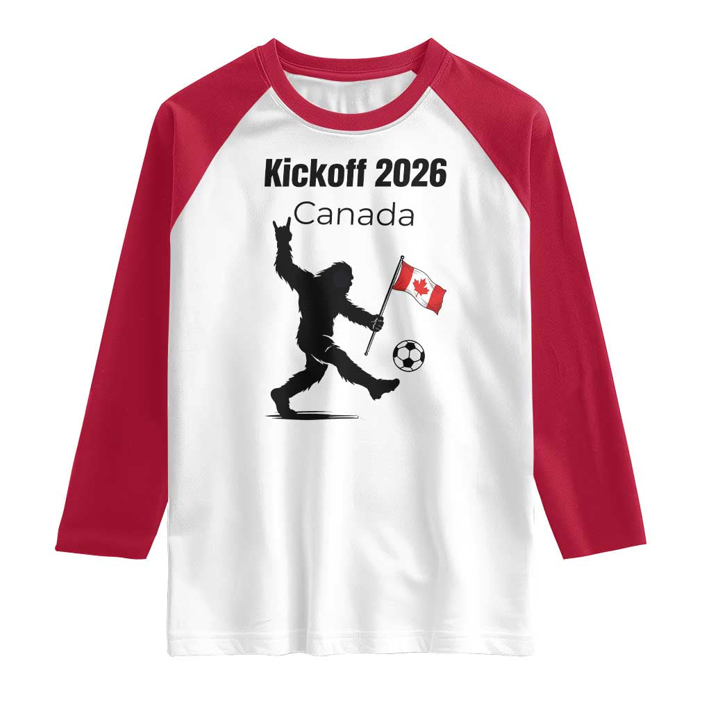 Funny Bigfoot Canada Soccer Raglan Shirt Kickoff 2026 TS12 White Red Print Your Wear