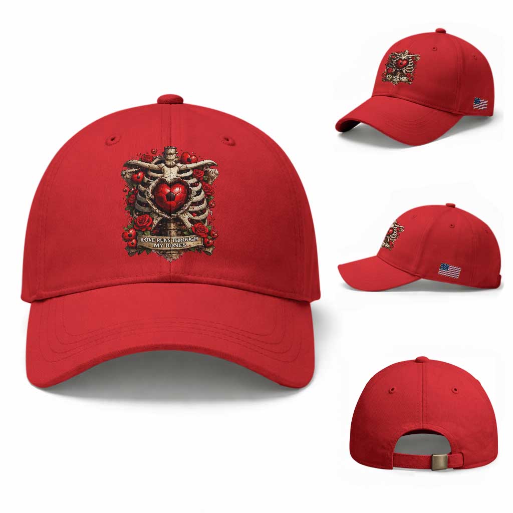 Love Runs Through My Bones Baseball Cap Funny Skeleton Soccer Player Gift TS12 Baseball Cap Universal Fit Red Print Your Wear