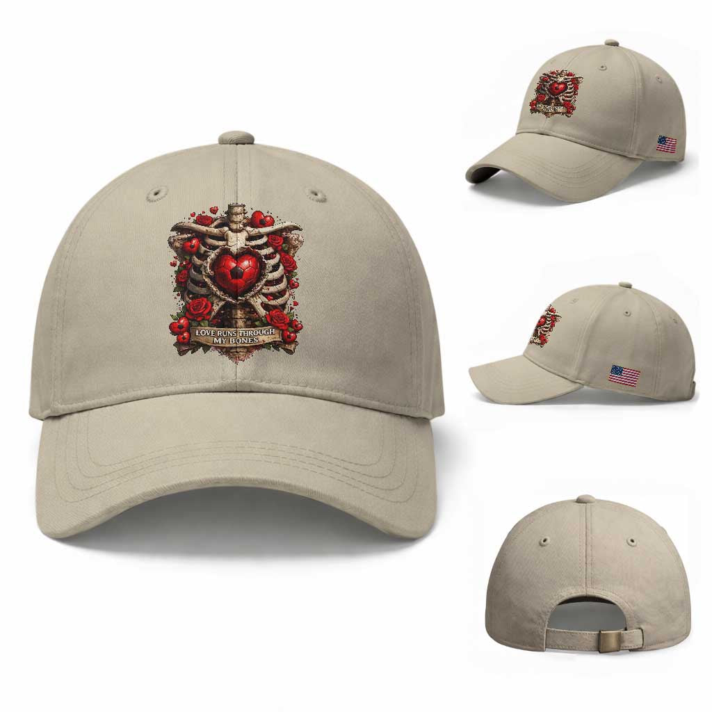 Love Runs Through My Bones Baseball Cap Funny Skeleton Soccer Player Gift TS12 Baseball Cap Universal Fit Beige Print Your Wear