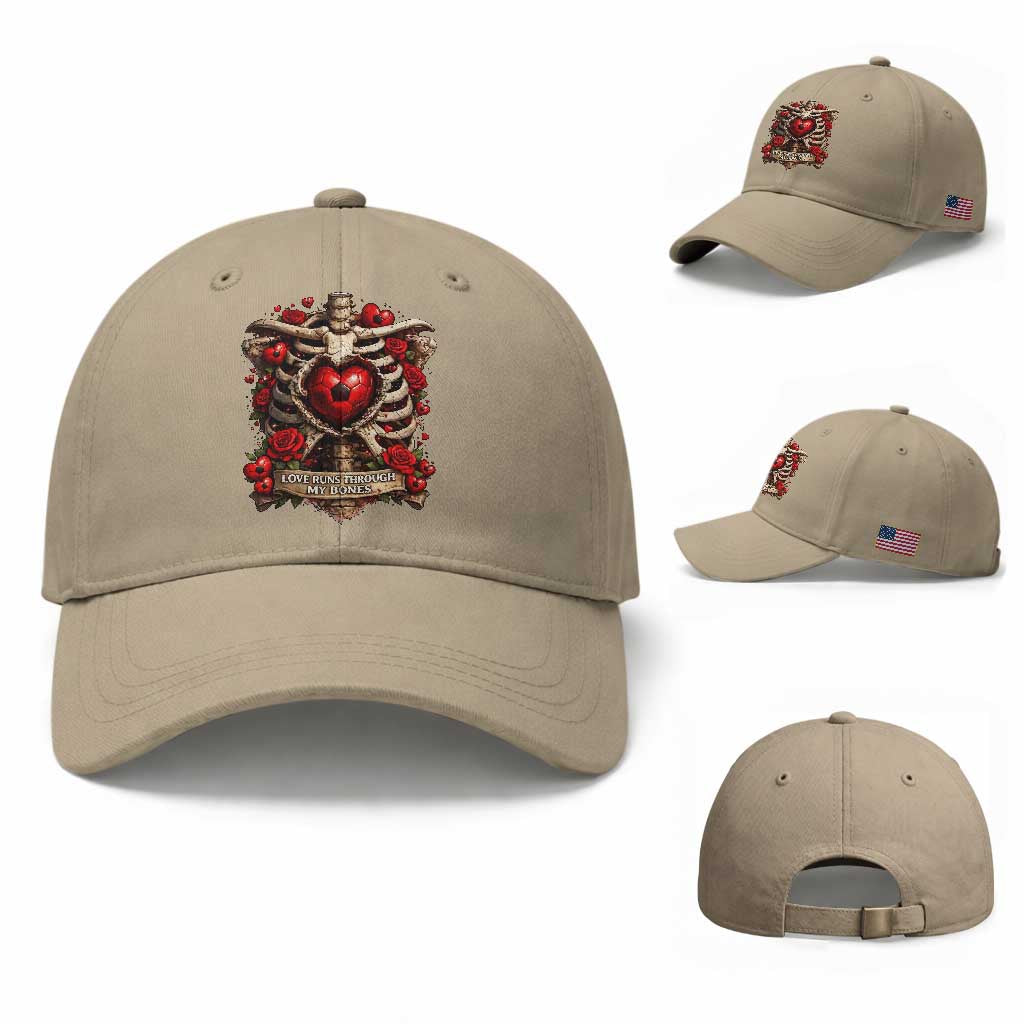 Love Runs Through My Bones Baseball Cap Funny Skeleton Soccer Player Gift TS12 Baseball Cap Universal Fit Khaki Print Your Wear