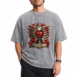 Love Runs Through My Bones Washed Cotton T-Shirt Funny Skeleton Soccer Player Gift